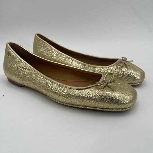 TORY BURCH Laila 2 Driver 7.5 Flats Crinkle Sparkle Gold Shoes Bow Leather - Picture 2 of 14